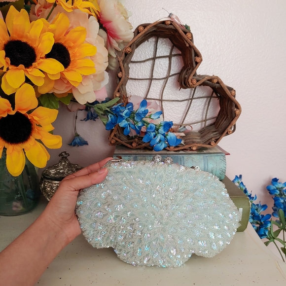 Vintage 60s Light Blue Beaded Clutch with Sequins! - Picture 3 of 8